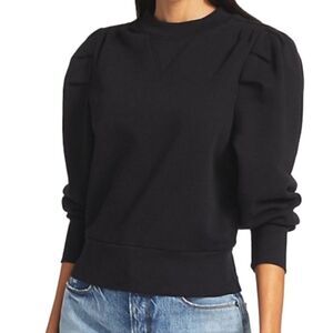 Frame Denim Black Shirred Sleeve Ribbed Crewneck Pullover Sweatshirt